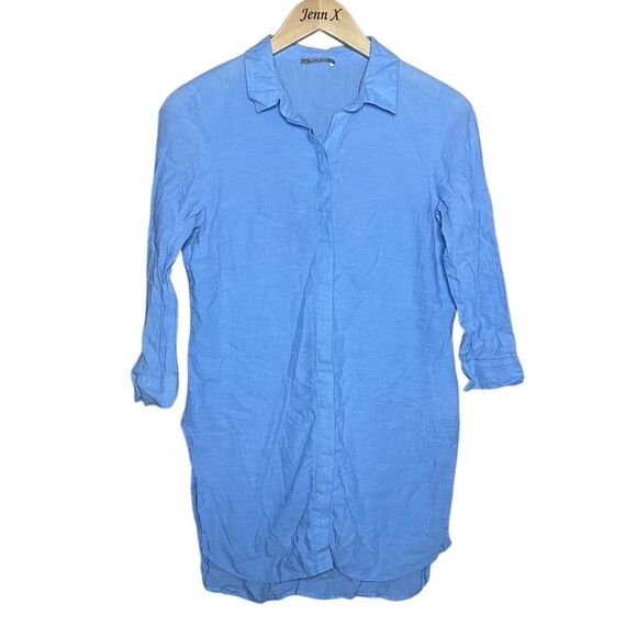Orsay Blue 3/4 Sleeve Tunic Button Up Blouse Size 38 Collared High Low - Picture 1 of 13